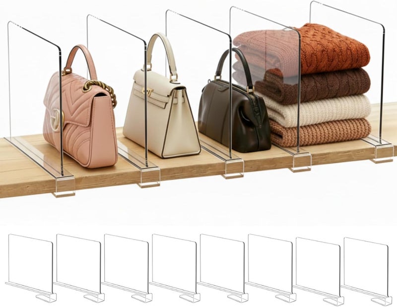 SortNStore Shelf Dividers Purse Organizer for Closet: 8-Pack Acrylic Bag Storage Organizer for Handbags, Clutches, Clothes, Sweater, Towel on Wood Shelves - Image 1